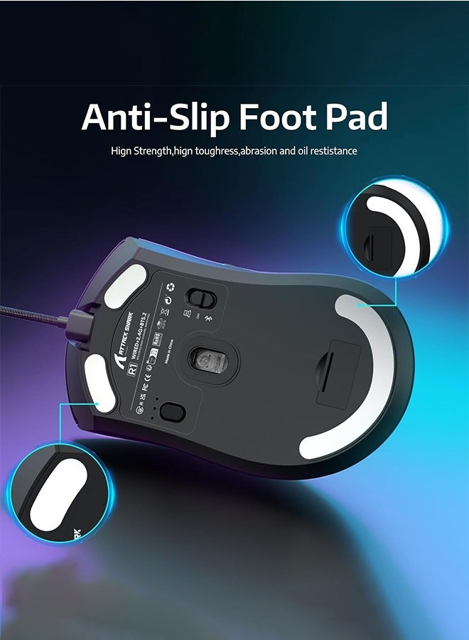 هجوم القرش ماوس قيمنق لاسلكي آر 1 ، اتصال ثلاثي الوضع (2.4 جرام/سلكي/بي تي 5.2) ، 55 جرام خفيف الوزن ، مستشعر بصري 18 كيلو نقطة في البوصة ، هويو 20 مليون مفتاح حياة ، تصميم مريح ، للكمبيوتر الشخصي / الكمبيوتر المحمول / وين / ماك (أسود) - Image 2